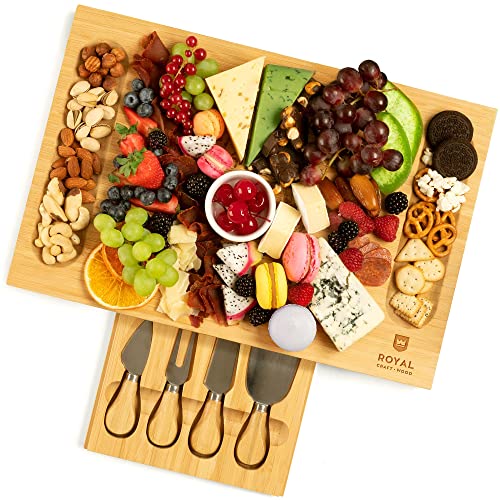 ROYAL CRAFT WOOD Charcuterie Boards, Unique Bamboo Cheese Board, Charcuterie Platter & Serving Tray Including 4 Stainless Steel Knife & Thick Wooden Server and Serveware Accessories (Without Bowls)
