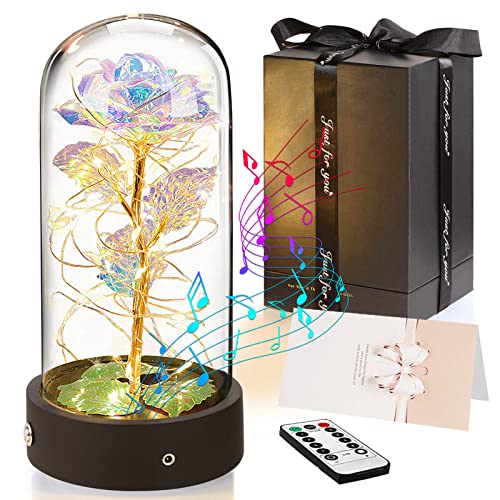 Christmas Rose Gifts for Women, Beauty and the Beast Galaxy Enchanted Rose Music Box, Forever Flower Gifts for Mom Wife Girlfriend Grandma, Personalized Anniversary Presents LED Rose in Glass Dome