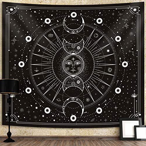 Sun Moon Wall Hanging Stars Space Psychedelic Black and White Tapestry for Bedroom Home Drom Décor (60x80 Inches)